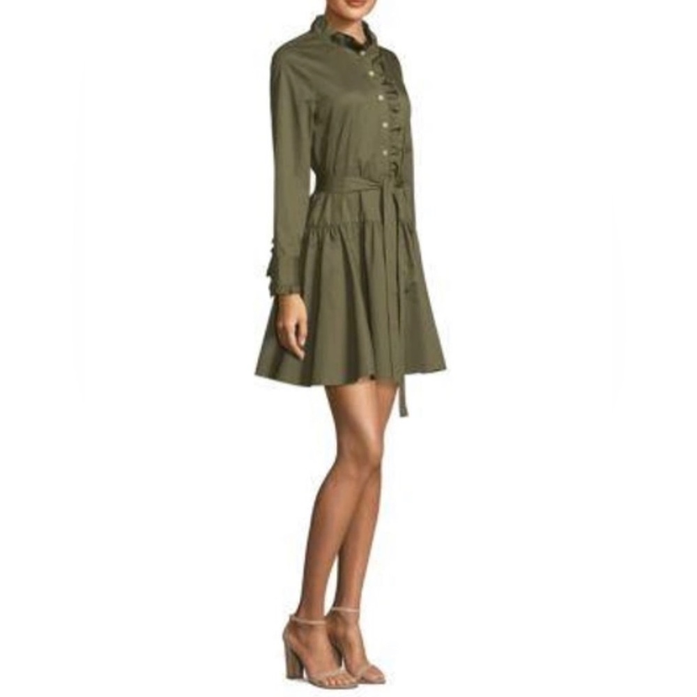 KATE SPADE Ruffle Neck Poplin Cotton A-line Dress In Olive Green 💫